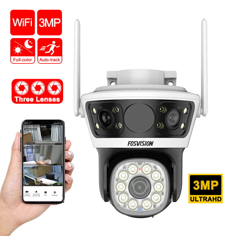 FOSVISION IP66 WIFI Camera Three Screens Display 3MP Camera Smart Home PTZ HiEasy Wireless IP Cameras - STS Electronic Components Kigali