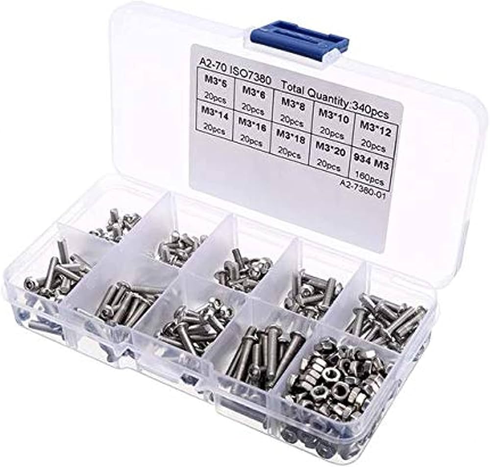 340pcs M3 304 Stainless Steel Hexagon Screws Nuts Box Kit