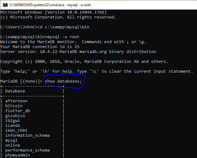 how to display databases in xampp using CMD